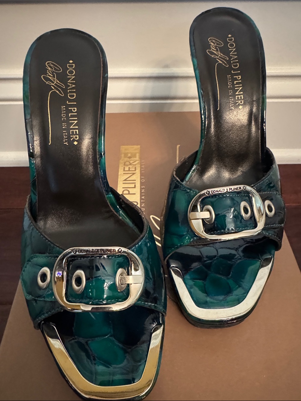 Donald J. Pliner Teal Croc-Embossed Slide Mules with Silver Buckles
